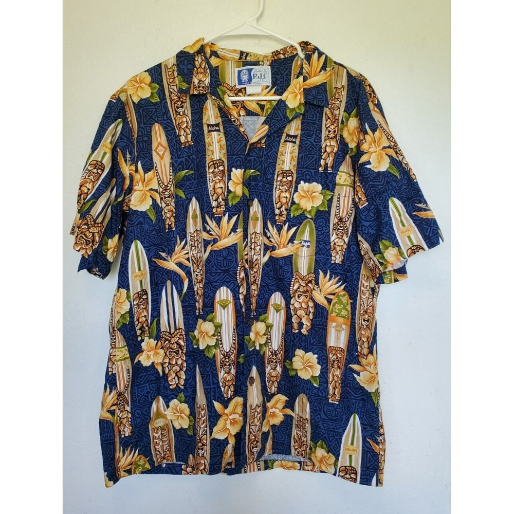 Vintage RJC Men's L Blue Hawaiian Tiki Surfboard Aloha Shirt